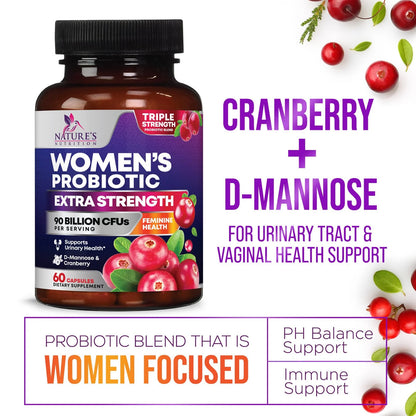 Probiotics for Women - 90 Billion CFU Women'S Probiotic - Targeted Women'S Vaginal & Digestive Health Support Formula - 16 Strains, Cranberry, D-Mannose, & Prebiotics - Bottled in USA - 60 Capsules