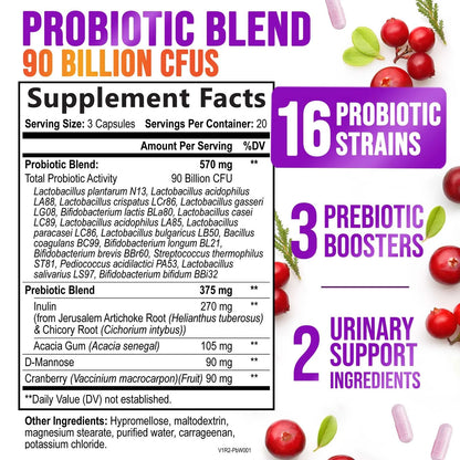 Probiotics for Women - 90 Billion CFU Women'S Probiotic - Targeted Women'S Vaginal & Digestive Health Support Formula - 16 Strains, Cranberry, D-Mannose, & Prebiotics - Bottled in USA - 60 Capsules